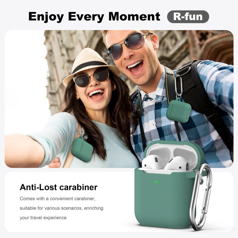 R-fun Compatible with AirPods Case Cover, Soft Silicone Protective Cover with Keychain for Women Men Compatible with Apple AirPods 2nd 1st Generation Charging Case, Front LED Visible,Pine Green - Image 2